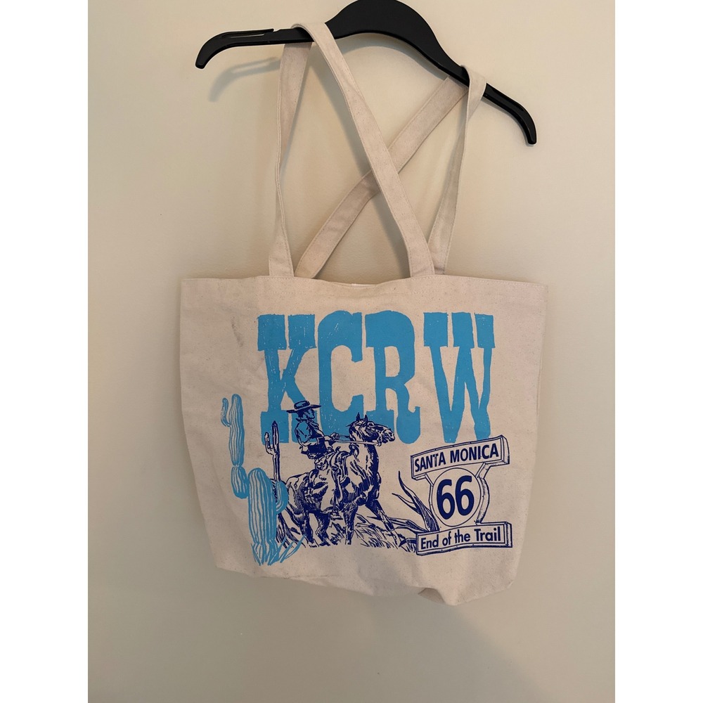 KCRW Santa Monica Route 66 Cowboy Canvas Tote Bag Blue Cream Western Graphic